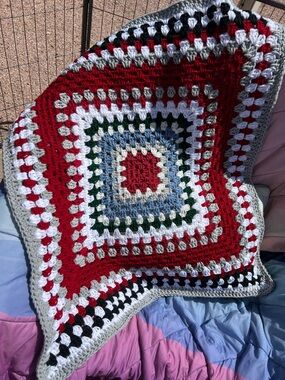 Handmade Crochet Granny Square Throw in Red, White, Gray, Blue, Black, Green new